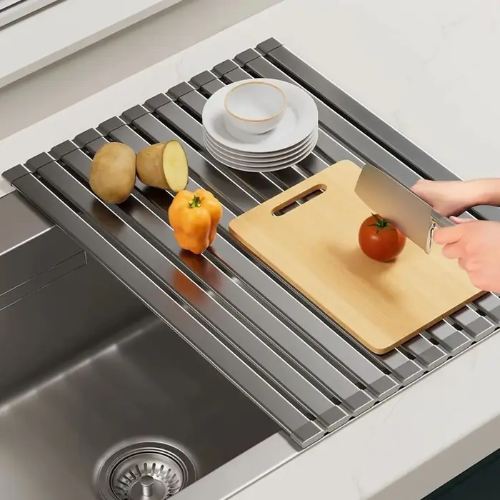 Égouttoir à vaisselle pliable robuste et enroulable - Égouttoir à vaisselle pliable robuste et enroulable, gain de place, hauteur réglable, résistant à la chaleur et support de rangement amovible pour