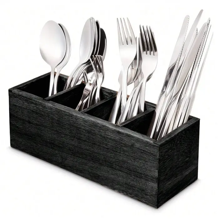 Organisateur de couverts en bois avec 4 compartiments pour ustensiles de cuisine, rangement de couve