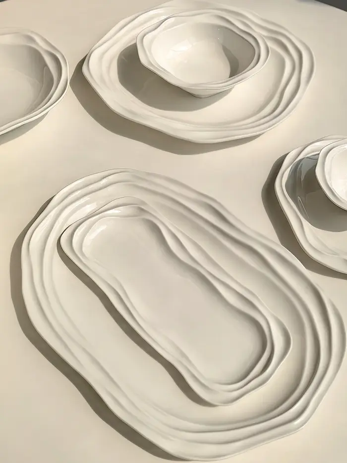 Assiettes ovales en céramique à motif ondulé français – Vaisselle de 12/10/8 pouces pour la maison