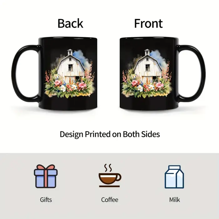 Tasse à café en céramique avec grange de ferme noire avec motifs floraux et légumes pour la maison