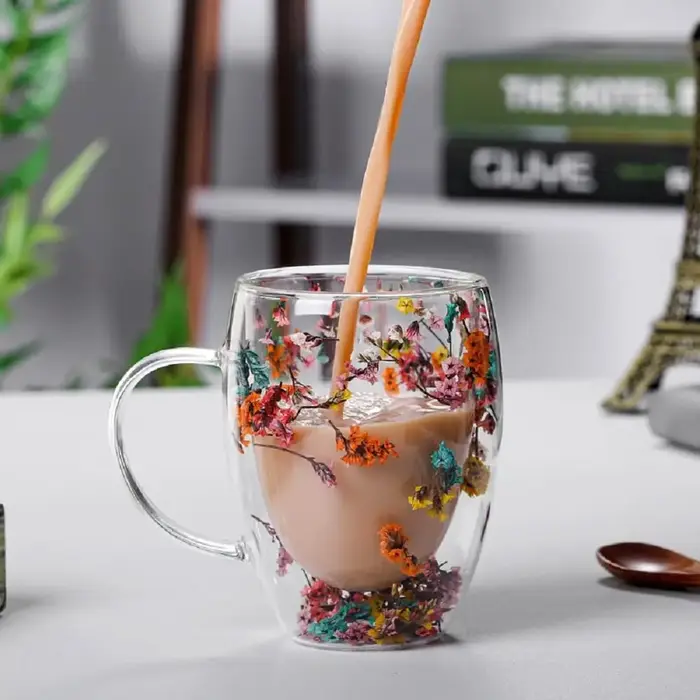 Tasse à café en verre à fleurs à Double paroi de 300ML