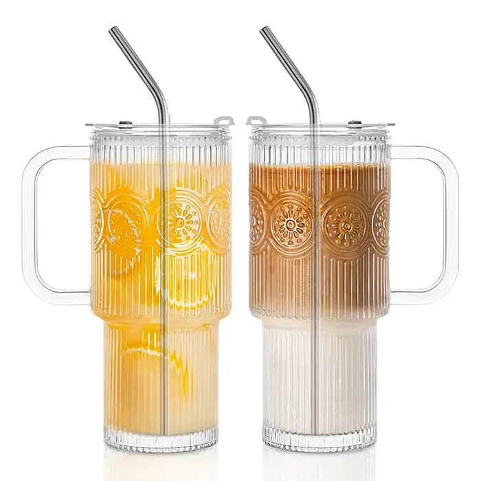 Gobelets en verre côtelés et à motifs floraux de 500 ml avec couvercles/pailles – Tasses réutilisables pour café