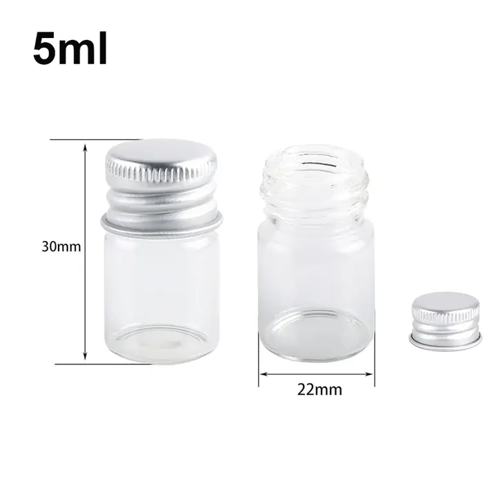Pot en verre de 5 ml, 6 ml, 7 ml, 10 ml, 15 ml, 25 ml, 30 ml avec couvercle en aluminium, bouteille