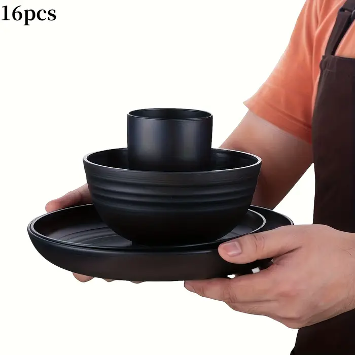 Service de vaisselle en plastique incassable de 16 pièces | Assiettes lavables au micro-ondes et au lave-vaisselle Bols