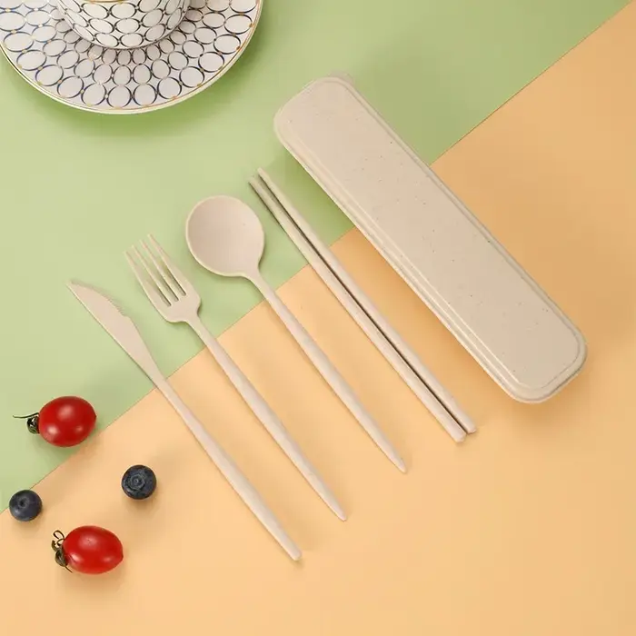 Couverts de voyage portables, ensemble de vaisselle avec boîte, baguettes, fourchette, cuillère, cou