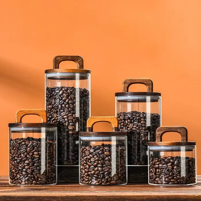 Bocaux en verre pour grains de café avec couvercle en bois