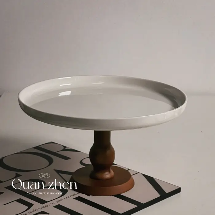 Assiette à pied haut en céramique Vintage française, assiette en bois à pied haut, assiette à gâteau