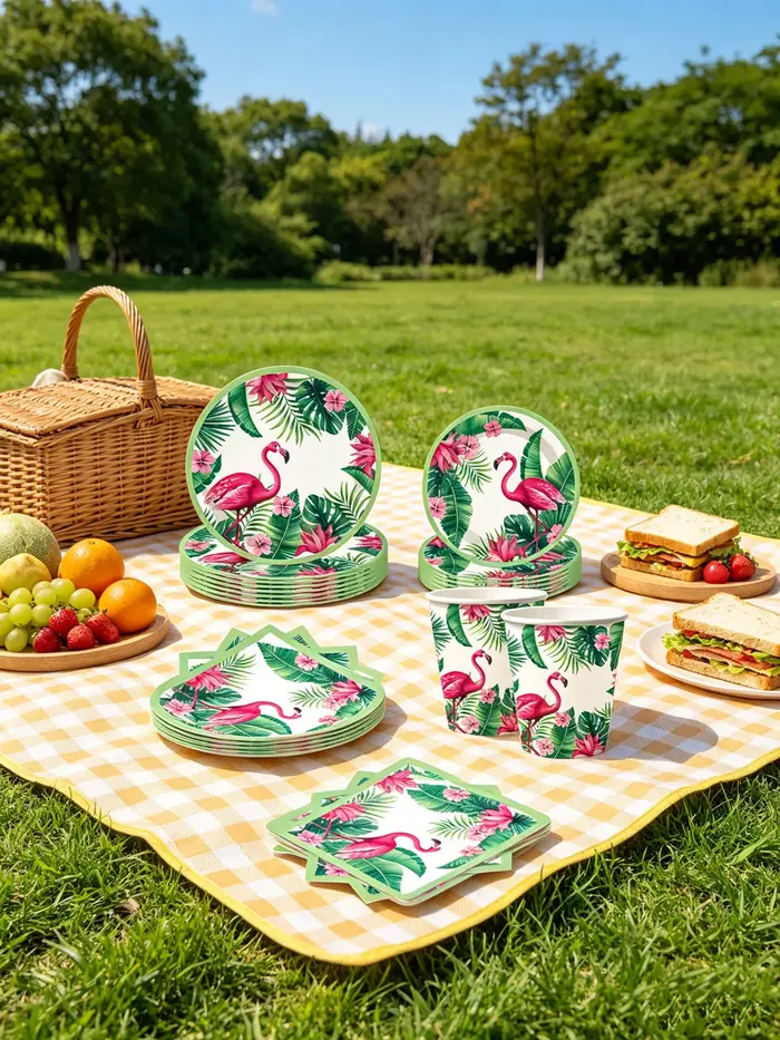 Vaisselle rose flamant rose et ananas avec motifs de palmiers