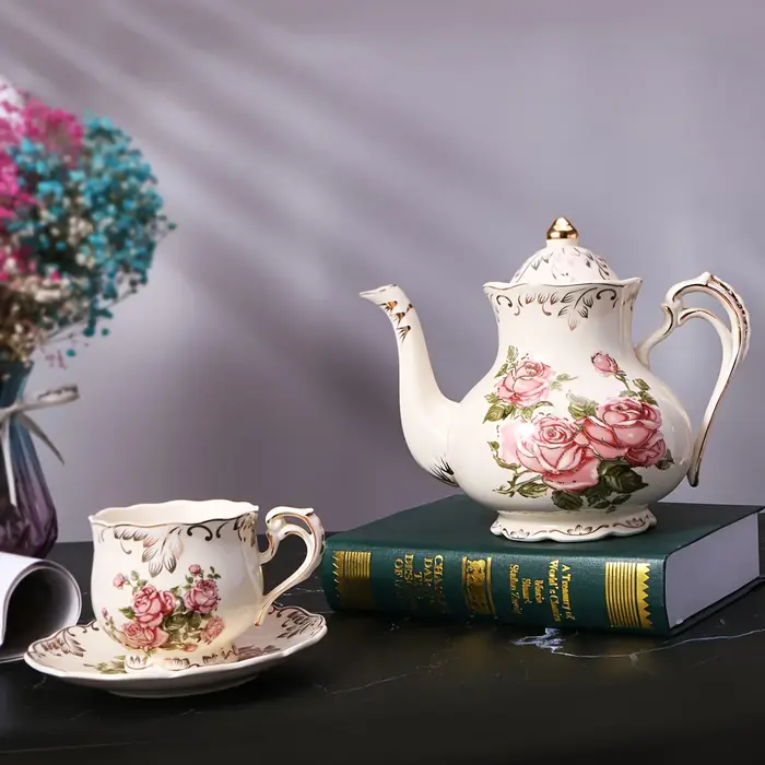 Théière en céramique rose / Tasse et soucoupe - Cafetière à bordure dorée - Cadeau élégant pour le thé de l'après-midi