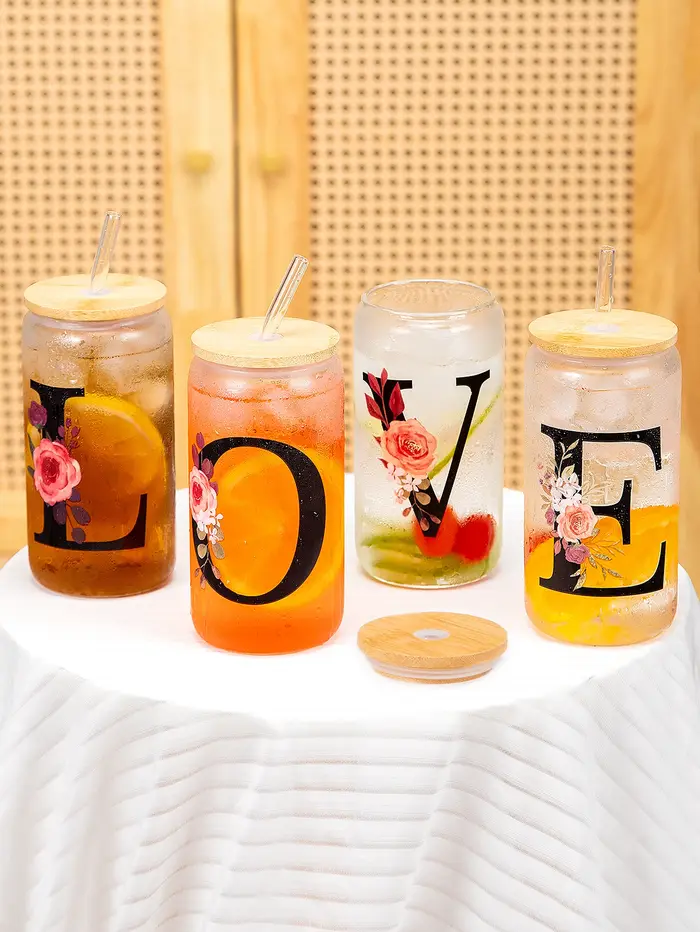 500ml Lettre Fleur A-Z Café standardisation Bureau Maison 16OZ Verre Tasse Avec Bambou Veds et Paille Anniversaire