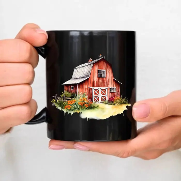 Tasse à café en céramique, conception de scène de jardin de maison de grange noir et rouge, adaptée 