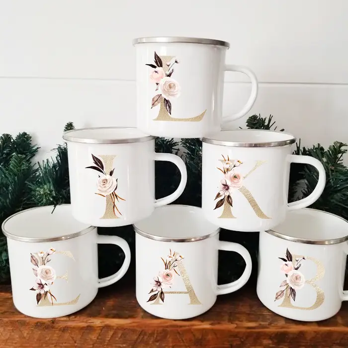 Tasses en émail vintage avec poignée, alphabet doré, fleurs, café à boire, bière, lait, thé, camping, randonnée, cadeaux, maison, bureau, standard