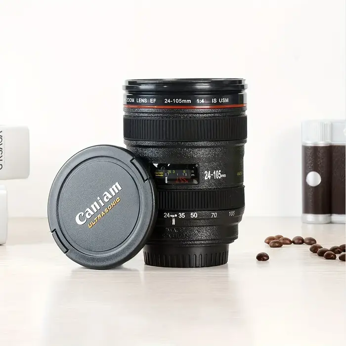 Tasse à café en acier inoxydable avec objectif d'appareil photo, tasse amusante pour la photographie