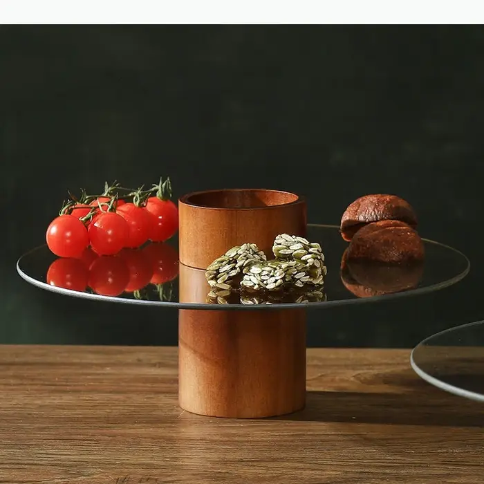 Plateau à gâteau en bois massif et verre, assiette à dessert sur pied, assiettes à pâtisserie, support à gâteau, assiette à fruits, plat à dim sum, assiette à pain, bol à snacks