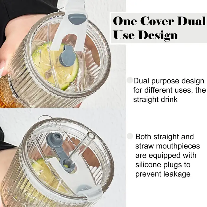 Lot de 2 gobelets en verre côtelé transparent de 20 oz avec paille et couvercle