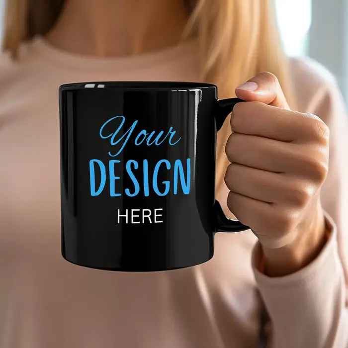Tasse à Café et Thé en Céramique Noire Personnalisée avec Votre Photo et Texte Logo