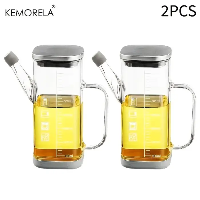 KEMORELA 1/2 pièces 700ml bouteille distributrice d'huile d'olive en verre avec marquages de mesure et verseur anti-goutte/fuite pour la cuisson des grillades