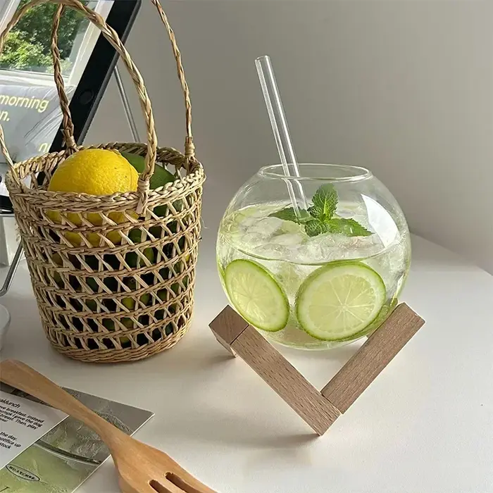 Tasse en verre de forme ronde lunaire créative avec support en bois