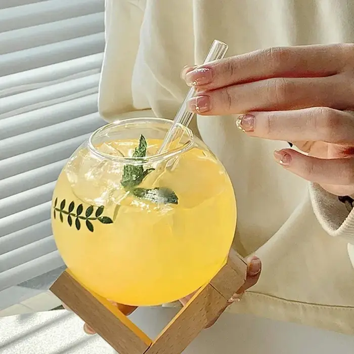 Tasse en verre de forme ronde lunaire créative avec support en bois
