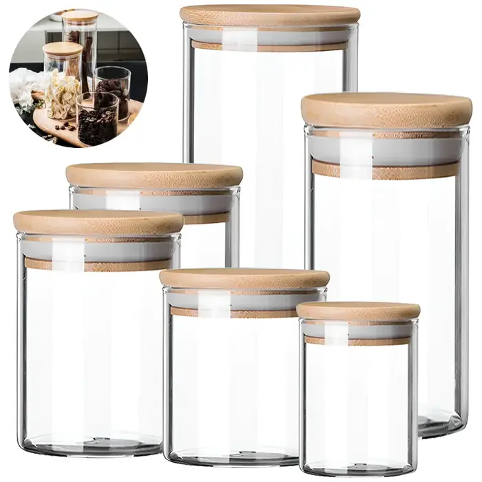 Lot de 5 récipients en verre de 300/550 ml avec couvercle en bois