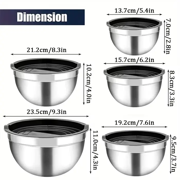 Bassin à salade en acier inoxydable 5 pièces avec couvercle