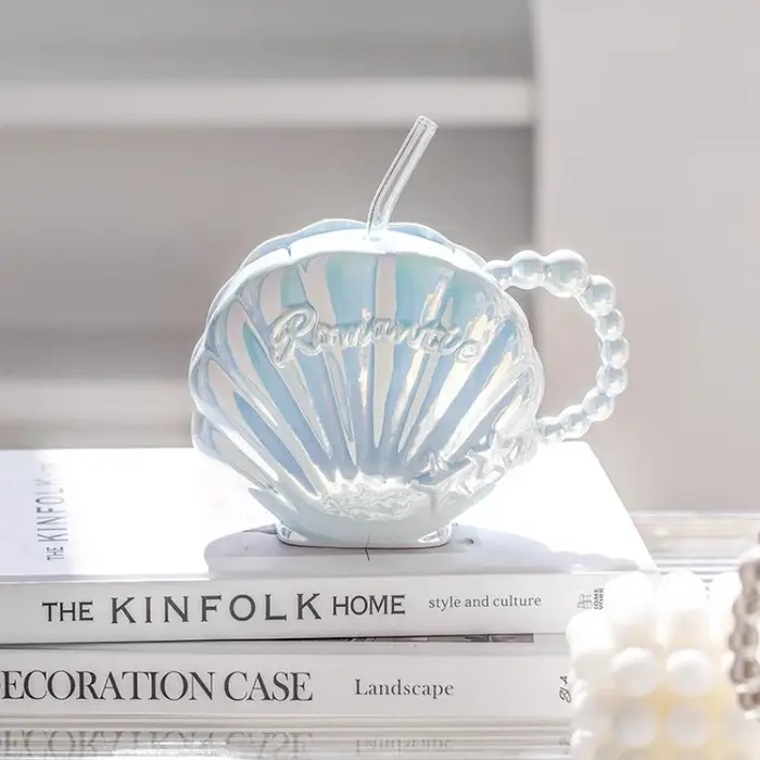 Tasse en céramique de coquille de perle haut de gamme avec paille
