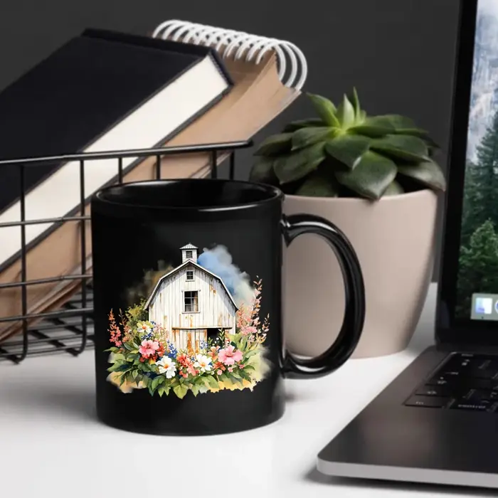 Tasse à café en céramique avec grange de ferme noire avec motifs floraux et légumes pour la maison