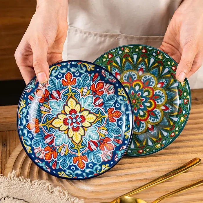 Assiette peu profonde en céramique bohème de 6.5 pouces