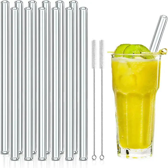 Pailles en verre réutilisables, 200mm, droites, paquet de 12 avec 2 brosses de nettoyage, lisses pou