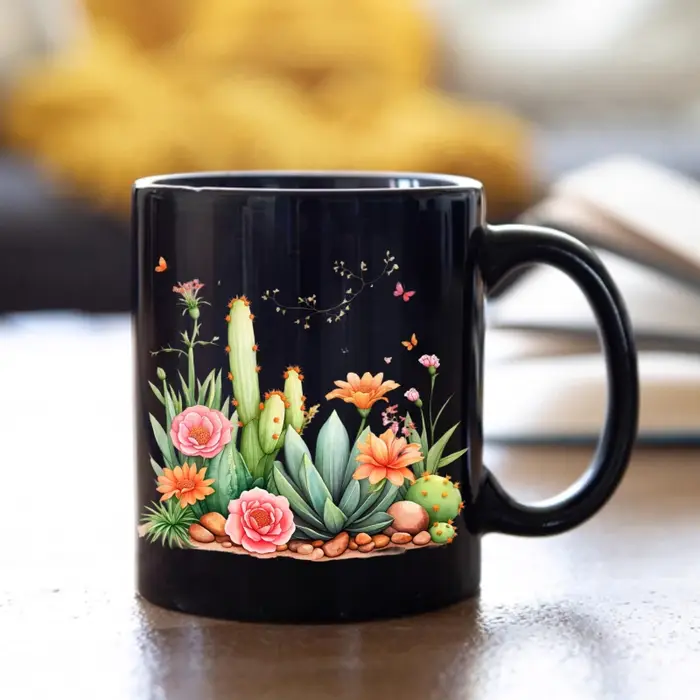 Tasse en céramique Cactus noir et fleurs