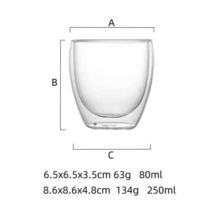 Lot de 6 tasses à café en verre transparent à double paroi de 60 ml/250 ml