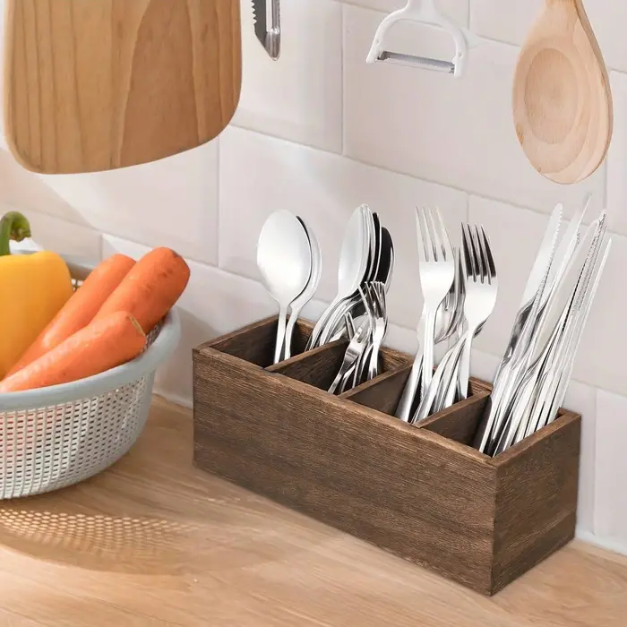 Organisateur de couverts en bois avec 4 compartiments pour ustensiles de cuisine