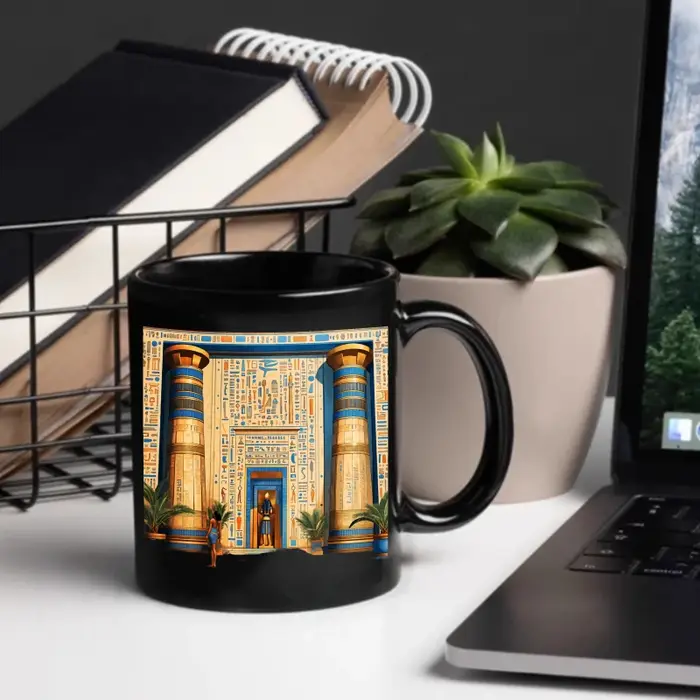Un temple égyptien noir conçu une tasse en céramique avec hiéroglyphes et colonnes convient à boire du café