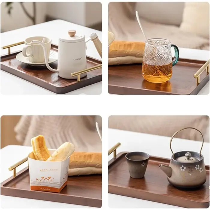Plateau de service en bois pour aliments et boissons avec poignées métalliques pour table basse
