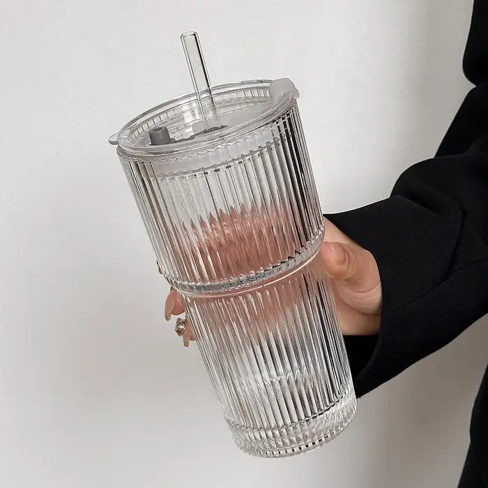 Tasse à café en verre à rayures de grande capacité