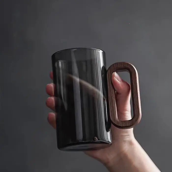 Tasse monocouche en verre et bois, tasse à thé Pyrex à haute teneur en borosilicate, grande capacité