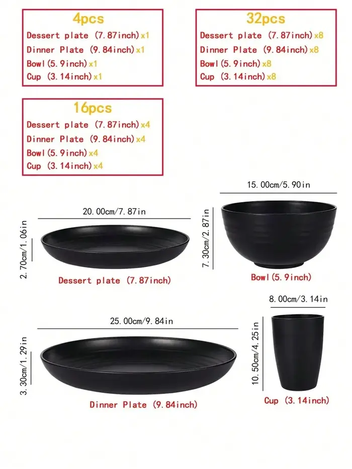 Ensemble de vaisselle en plastique réutilisable 4/16/24 pièces