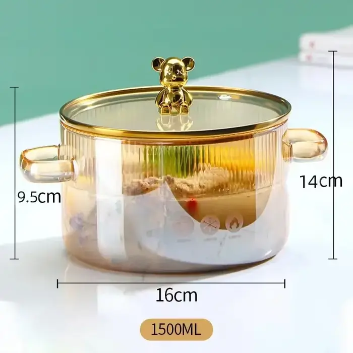 Casserole en verre transparent de 1500ML avec double poignées, marmite à soupe avec couvercle, outil