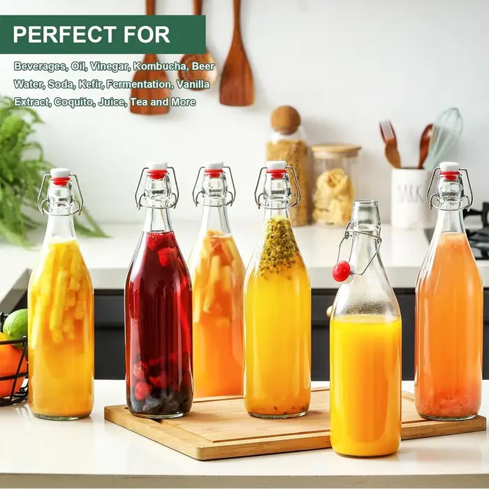 Bouteilles en verre classiques à bouchon basculant 1L avec marqueur et étiquettes - Bouteille transparente avec