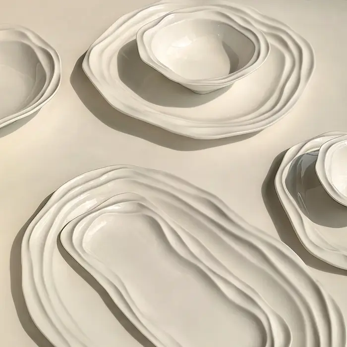 Assiettes ovales en céramique à motif ondulé français – Vaisselle de 12/10/8 pouces pour la maison