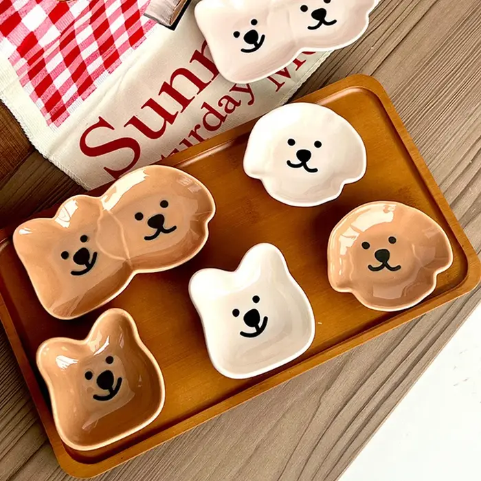 Adorable plat à sauce en céramique avec motif de chien et d'ours mignon – Bol à tremper simple/double compartiment pour