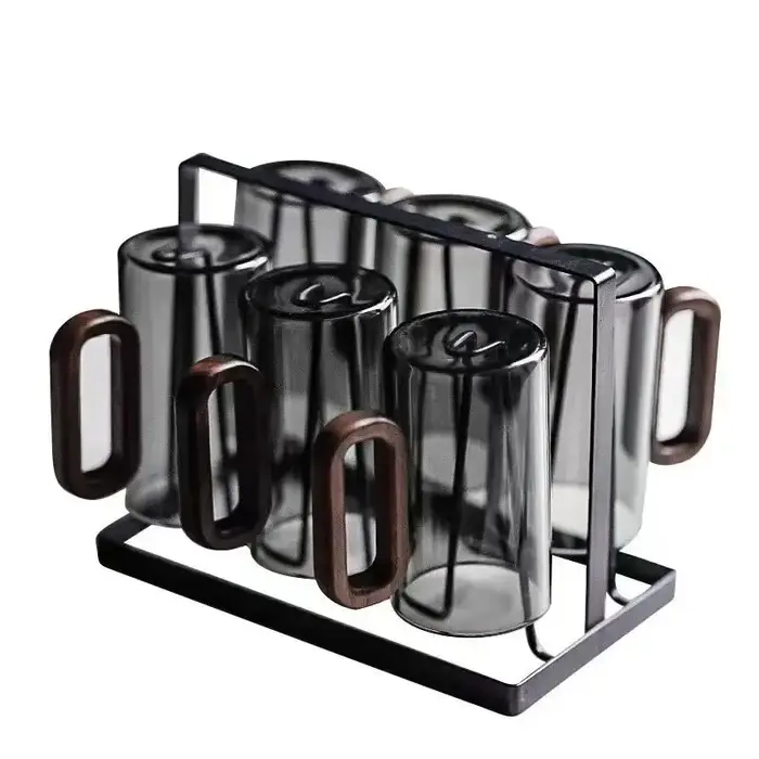 Tasses à thé en verre borosilicate haute résistance à couche unique avec poignée en bois gris fumé