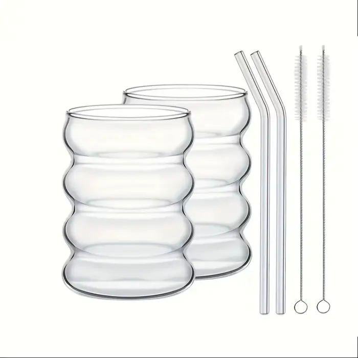 2 tasses à café en verre borosilicate élevé 350ML/11.8oz avec paille et brosse, conception d'ondulat