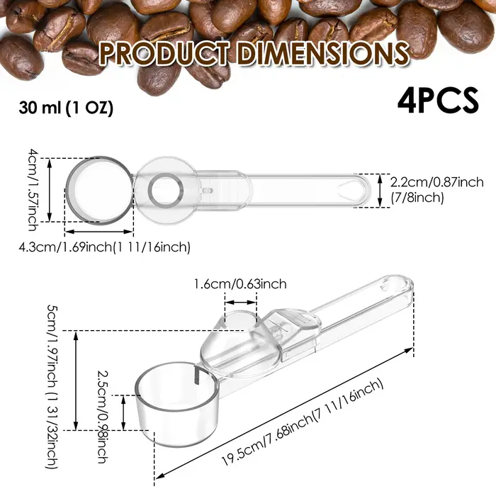 Lot de 4 cuillères à café avec entonnoir pour dosettes de café rechargeables K-Cup, cuillère doseuse de 30 ml avec niveleur coulissant pour café, poudre de protéines