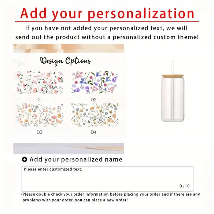 Tasses en verre personnalisées à motif floral 16oz avec couvercle et pailles, idéales pour la fête d