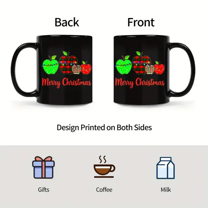 Tasse à café noire avec motif pomme de Noël et texte "Joyeux Noël"