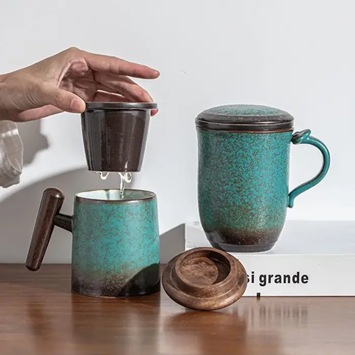 Grande tasse à thé en céramique rétro avec filtre