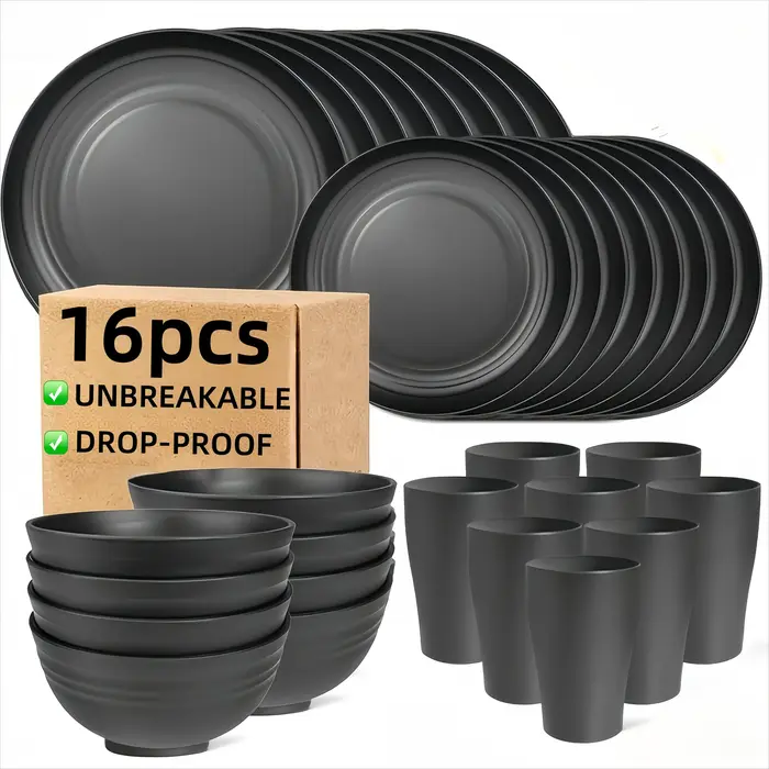 Service de vaisselle en plastique incassable de 16 pièces |   Assiettes lavables au micro-ondes et a