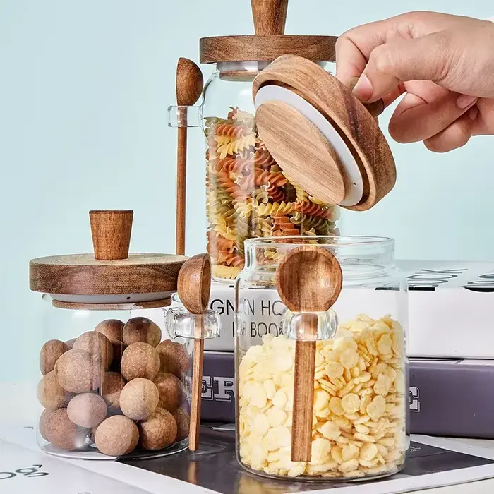 Pot scellé en verre, boîte de stockage de café et de thé à cinq grains avec cuillère en bois, boutei