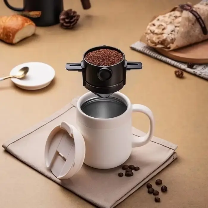 Filtre à café portable pliable réutilisable avec maille double couche pour infusion par déversement 